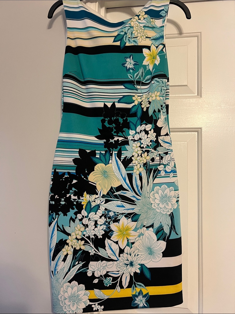 Cache Tropical Floral Print Dress Size 4 Aqua Blue Black